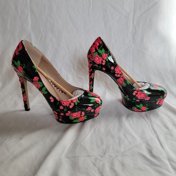 Betsey Johnson Black and Pink Floral Heels - Picture 8 of 14